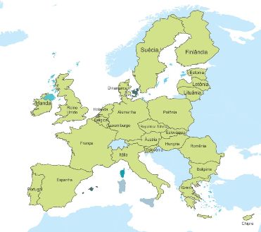 Mapa com os países que atualmente compõem a Europa dos 27