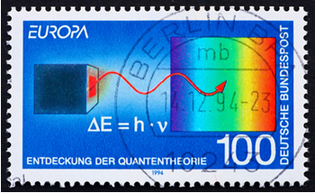 Selo impresso na Alemanha (1994) que mostra a descoberta da teoria quântica de Max Planck[2]
