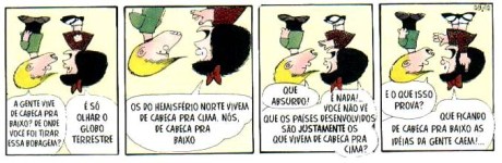 Mafalda ironizando o fato de o mundo subdesenvolvido estar “para baixo”