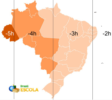 Mapa com os fusos horários brasileiros